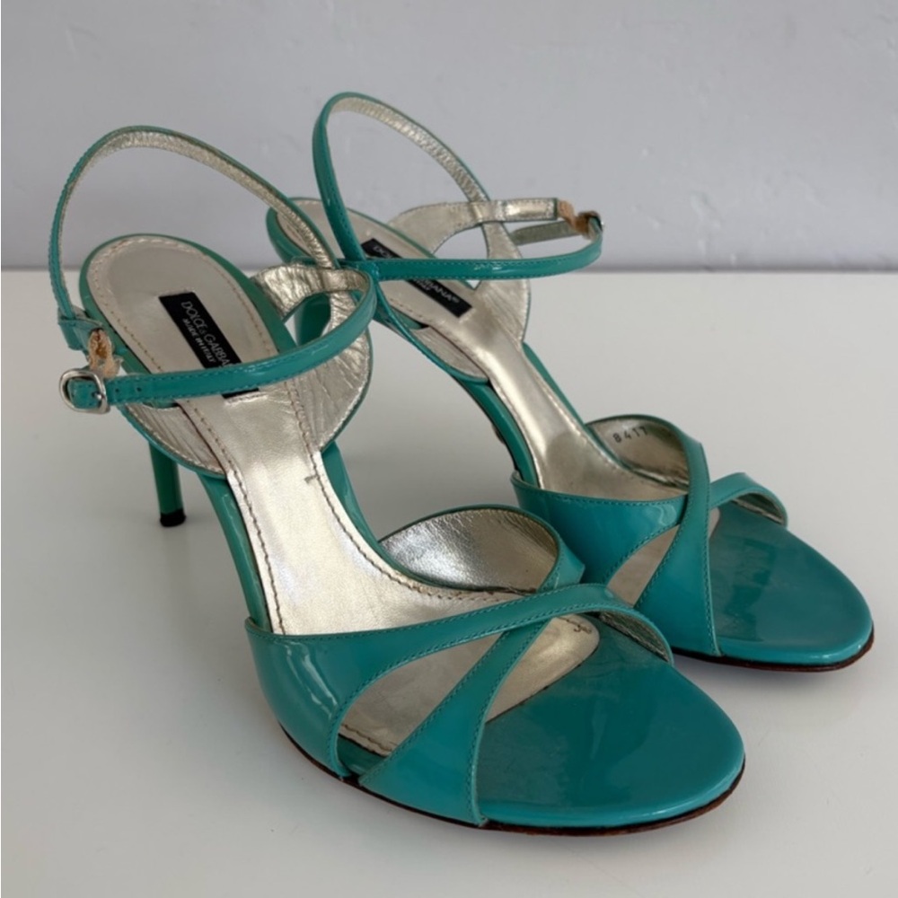 DOLCE & GABBANA Teal Patent Leather Strappy Heels 38 1/2